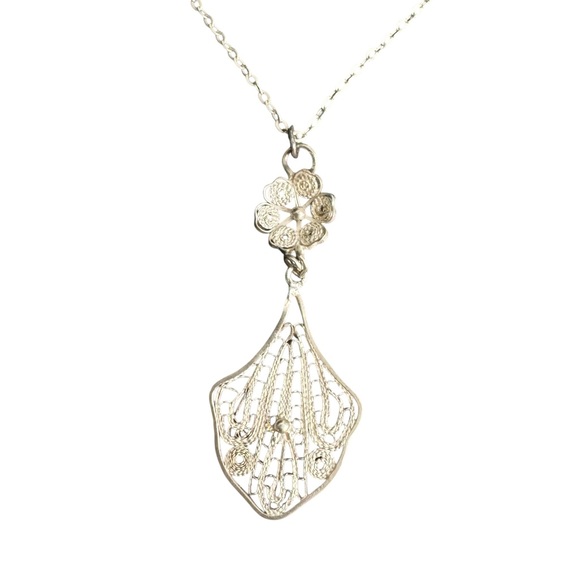 Vintage Filigree Sterling Silver Necklace Art Nouveau Style Pendant Lacemade - Picture 4 of 10